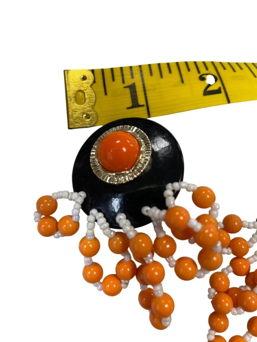 Vintage 80's wms orange black beaded fringe large clip on earrings SKU 10-727